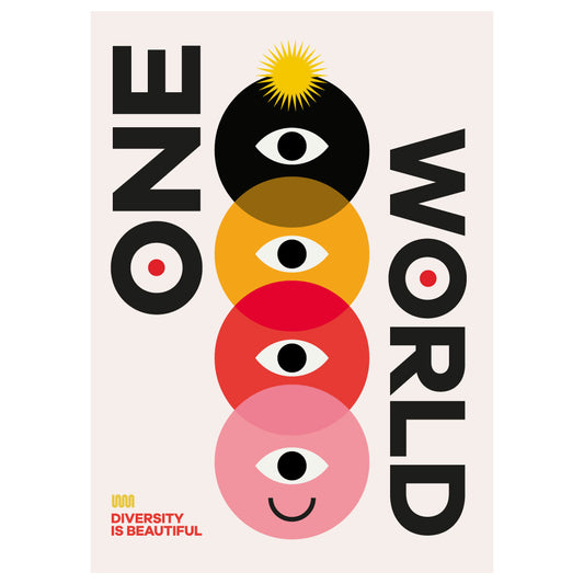 Poster con il testo 'One World' accompagnato da un design geometrico colorato con cerchi sovrapposti in nero, giallo, rosso e rosa, ciascuno contenente un occhio stilizzato e un volto sorridente nell'ultimo cerchio. In basso a sinistra la scritta 'Different is Cool'. Design moderno e simbolico su sfondo chiaro.