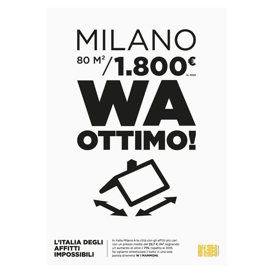 Poster informativo sulla crisi degli affitti a Milano, con scritte in nero su sfondo bianco: 'MILANO 80 m² / 1.800€ al mese' e il grande titolo 'WA OTTIMO!' accompagnato da un'icona stilizzata di una casa inclinata. Il messaggio evidenzia i costi proibitivi degli affitti in Italia, in particolare a Milano, con un richiamo alla cultura dei 'mammoni' legata a queste difficoltà economiche.