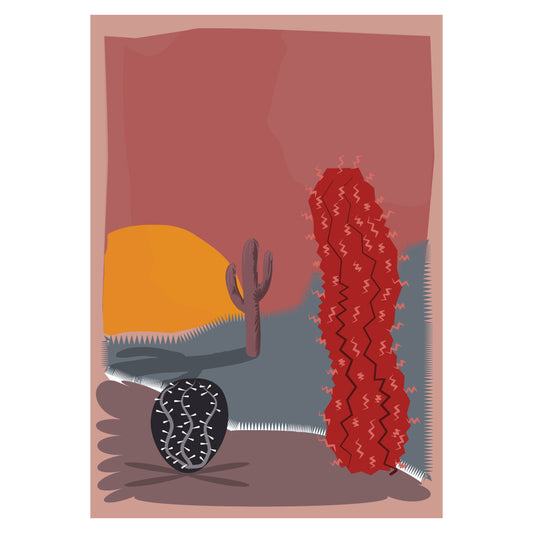 Poster illustrato in stile minimalista con un paesaggio desertico. Presenta un grande cactus rosso stilizzato, un cactus nero con spine bianche e un classico saguaro marrone. Sullo sfondo, una collina dorata e un cielo in tonalità calde di rosso e arancione. Perfetto per decorazioni moderne ispirate alla natura e ai paesaggi desertici.