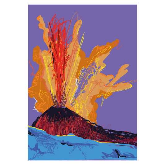 Questo vibrante poster raffigura l'iconica eruzione del Vesuvio, realizzato con uno stile pop art che richiama le celebri opere di Andy Warhol. I colori accesi e contrastanti, come il viola dello sfondo, il rosso e l'arancione dell'eruzione vulcanica, danno vita a una composizione dinamica e moderna, tipica dell'estetica pop anni '60. Il poster è perfetto per aggiungere un tocco contemporaneo e artistico a qualsiasi ambiente, ed è particolarmente adatto per amanti del design moderno e collezionisti di arte 